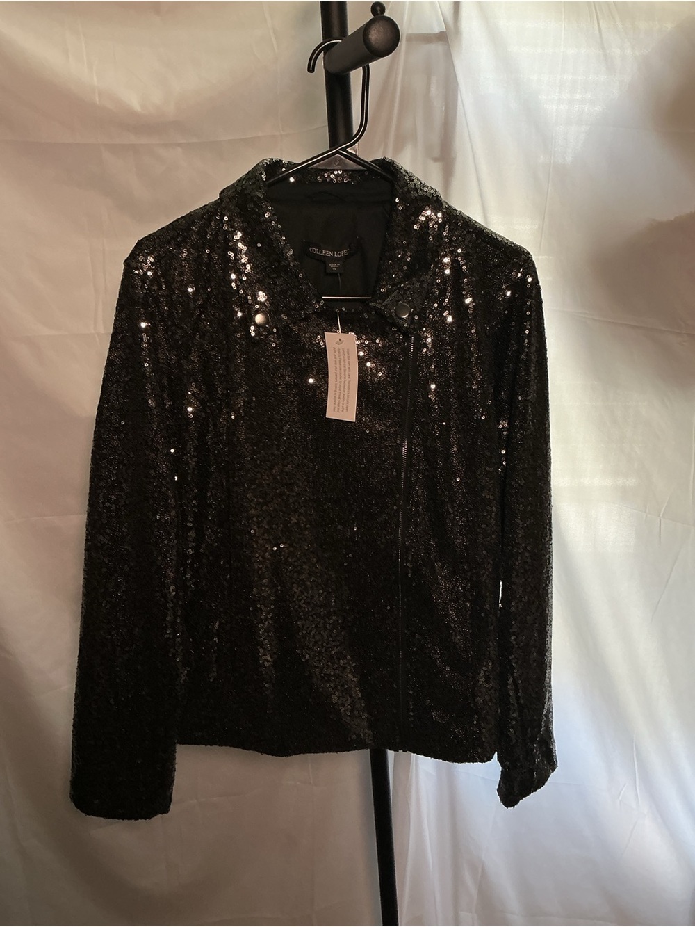NWT Colleen Lopez Luxe Black Sequin Moto Jacket Asymmetrical Zip Size XL